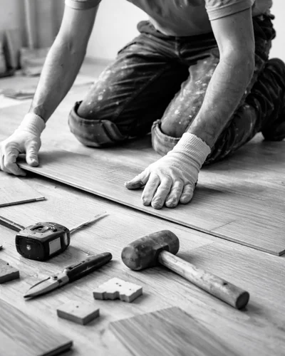 Colocación de tarima en suelo durante trabajo de reforma interior