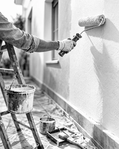 Trabajos de pintura exterior en pared de vivienda